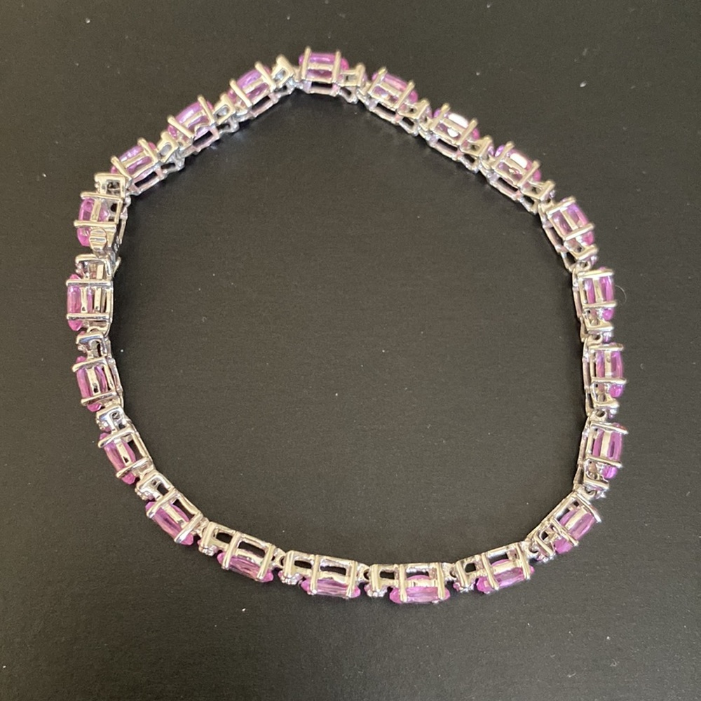 Solid 10K W-Gold Oval Pink Tourmaline 2-Diamonds/Illusions Throughout Tennis - Picture 5 of 9